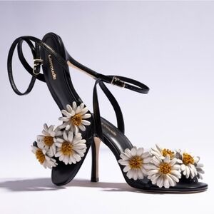 LARROUDÉ Fiore Daisy Appliqués Ankle Strap Sandals Stilletto Heel